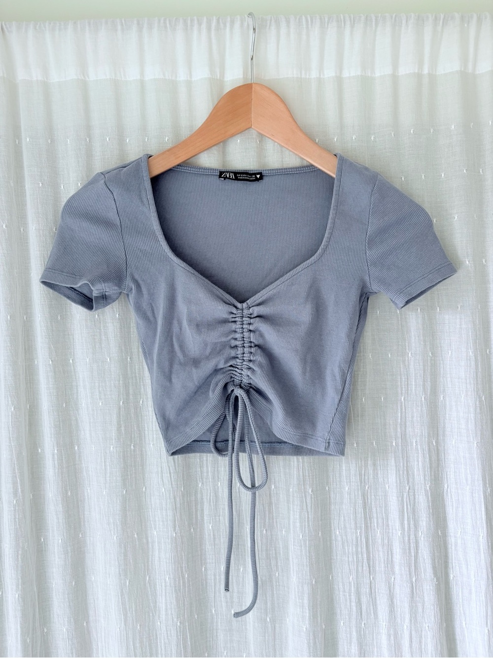 Zara Light Blue Ruched Drawstring Crop Top